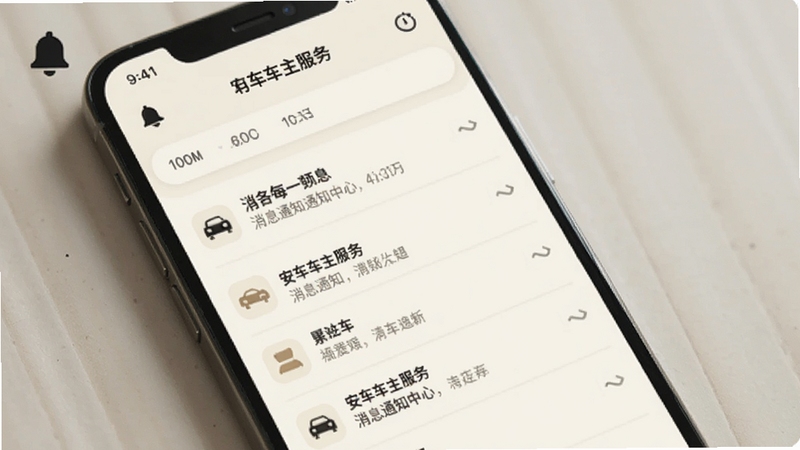 安车车主服务消息通知中心界面,手机屏幕显示按时间排列的通知列表,每条通知带有小图标和简短文字说明,背景为淡雅的米白色,画面左上角有铃铛图标装饰,整体风格素雅极简,适配Boogu模型生成