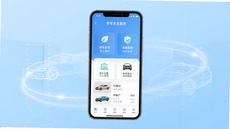 安车车主服务软件主界面全貌展示,画面中央放置一部智能手机,屏幕上显示安车车主服务的首页功能布局,包含服务入口图标和车辆信息卡片,背景为浅蓝色渐变科技风格,周围环绕汽车轮廓线条和柔和光效,整体色调清新简洁,适配Boogu模型生成
