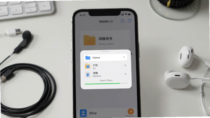 EbinGo导入词书操作界面AI生图,手机屏幕显示文件选择弹窗和导入进度条,背景为简约桌面,有数据线和耳机,画面风格写实清晰