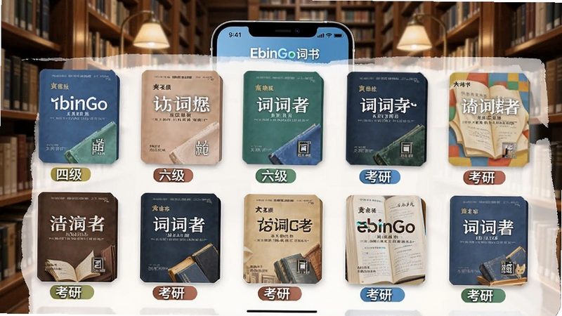 EbinGo词书选择界面AI生图,画面展示手机屏幕中排列整齐的词书封面,包括四级、六级、考研等标签,背景为图书馆书架,暖色调灯光,突出丰富的学习资源