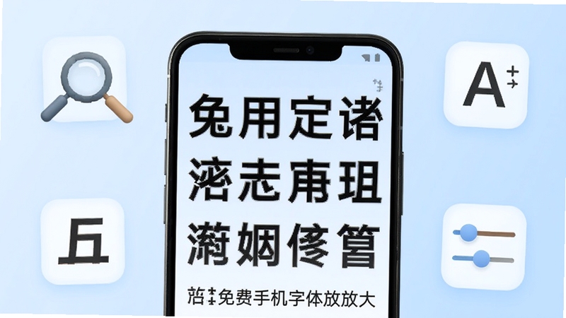 一款名为免费手机字体放大的安卓应用界面展示,画面中央是手机屏幕特写,屏幕内显示放大的中文新闻字体,字体清晰醒目,背景为柔和的浅蓝色渐变,周围点缀放大镜与字体大小调节滑块图标,整体风格简洁现代,适合软件下载站展示