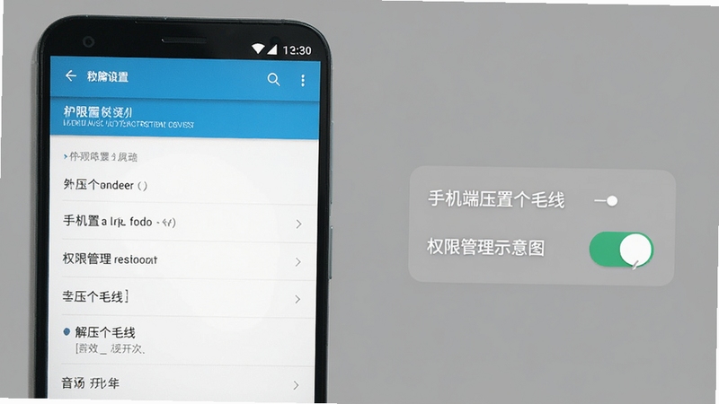 解压个毛线手机端设置界面与权限管理示意图,画面展示安卓手机的权限设置页面和解压个毛线的音效开关选项,背景是简洁的灰色调,突出实用教程风格