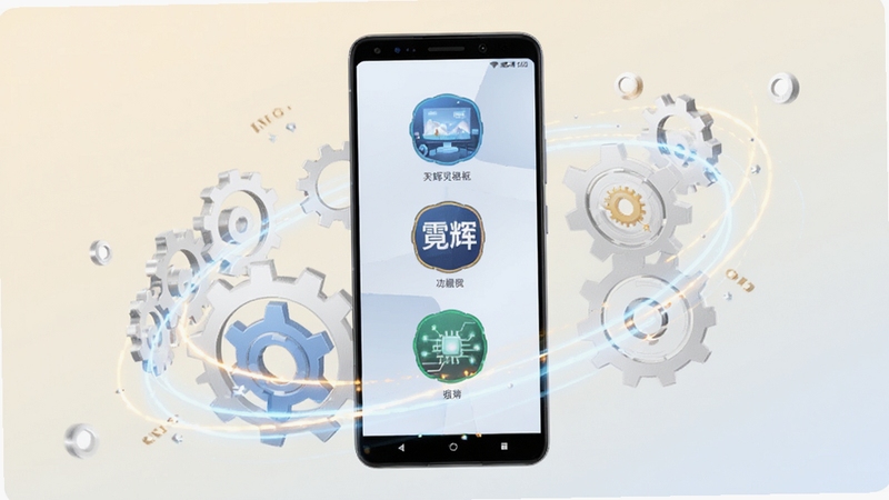霓辉灵枢智能适配功能展示图,画面中一部安卓手机屏幕内显示多个场景切换图标,手机周围环绕齿轮与光效元素,背景为浅色渐变,突出智能调节与流畅运行的视觉感受