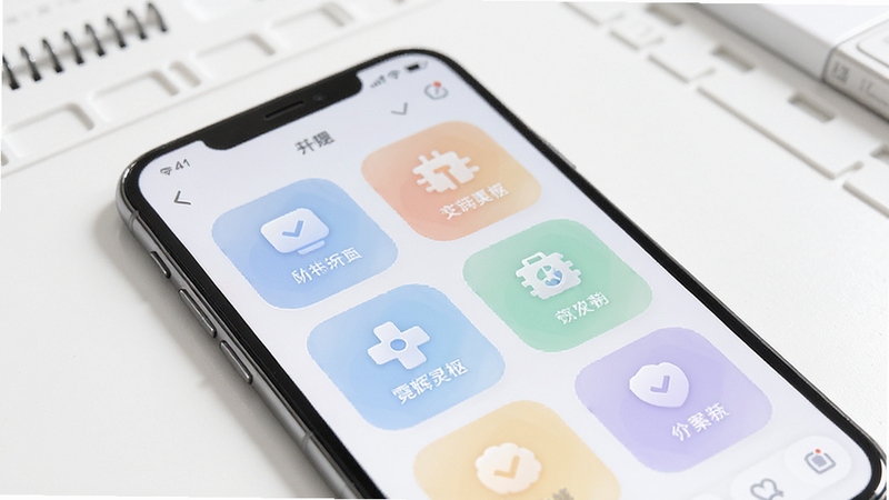 霓辉灵枢简洁界面交互示意图,画面展示一部手机正面,屏幕内呈现清爽的功能卡片式布局,图标圆润、色彩柔和,背景为纯白色工作台面,突出简洁易用的产品气质