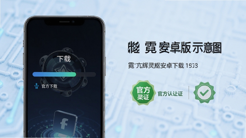 霓辉灵枢安卓版下载页面示意图,画面展示一部手机屏幕中出现下载进度条与官方认证标识,背景为浅蓝色科技纹理,突出安全下载与官方渠道的视觉主题