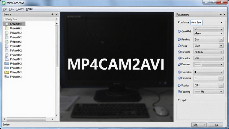 MP4CAM2AVI软件主界面截图,画面中央显示软件名称MP4CAM2AVI,左侧为文件列表区域,右侧为转换参数设置面板,背景为浅灰色办公桌面,整体风格简洁清晰