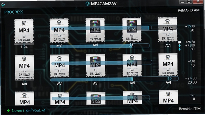 MP4CAM2AVI正在批量转换视频文件的进度界面,画面中显示多个MP4文件正在转换为AVI格式,进度条和剩余时间清晰可见,背景为深色科技感界面,突出转换速度与效率