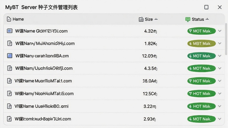 MyBT服务器种子文件管理列表,画面中整齐排列着多个种子文件条目,每条包含文件名、大小和状态标签,界面采用浅色系表格布局,背景干净整洁