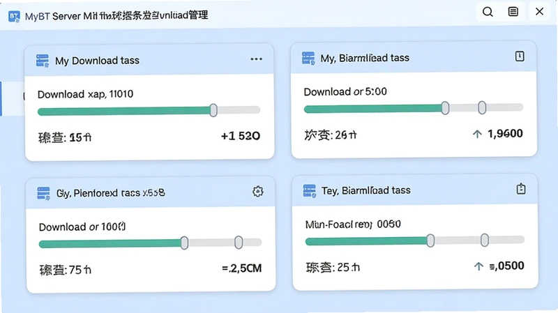 MyBT服务器多任务并发下载管理界面,画面中同时显示四个下载任务卡片,每张卡片上有进度条和速度数值,界面采用卡片式布局,背景为淡蓝色,整体视觉清爽有序