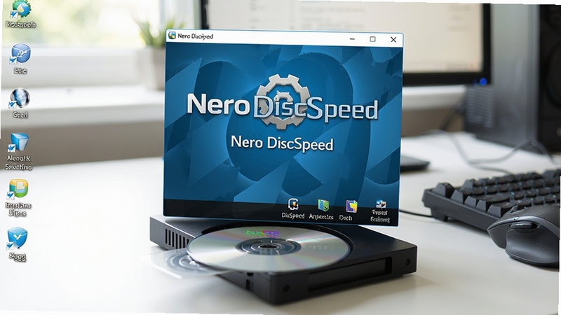Nero DiscSpeed 使用教程 操作步骤 电脑桌面 光盘放入光驱 软件界面 清晰明亮 写实风格