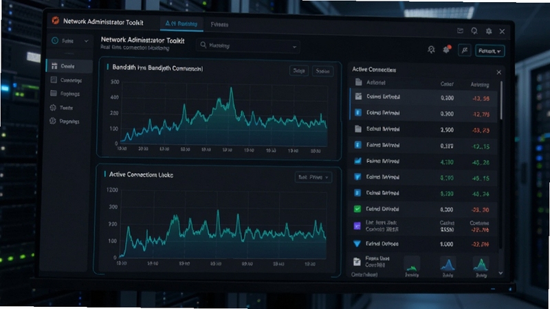 Network Administrator Toolkit real-time connection monitoring panel displaying bandwidth graphs and active connection list, modern UI design, dark theme with neon accents, detailed data visualization, professional software screenshot
