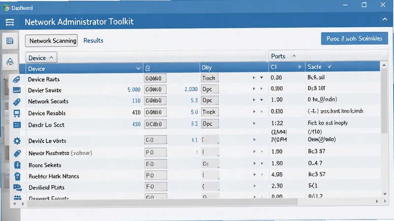 Network Administrator Toolkit software interface showing network scanning results with device list and port information, clean professional dashboard layout, blue and white color scheme, high detail, realistic screenshot style