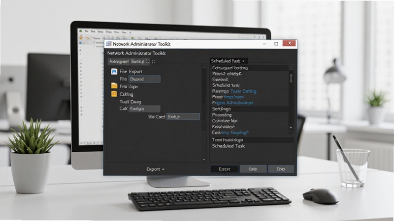 Network Administrator Toolkit configuration backup module showing file export dialog and scheduled task settings, clean office environment background, realistic software window, high resolution
