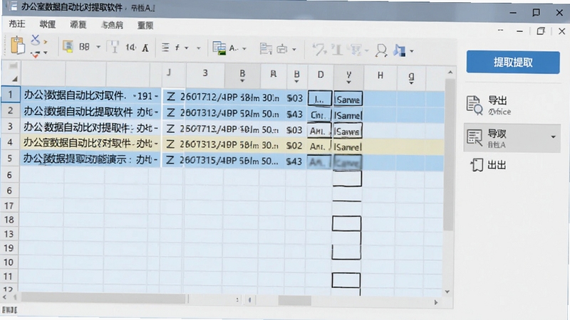 Office数据自动比对提取软件重复数据提取功能演示,画面主体为软件界面中高亮显示的重复数据行,背景为浅蓝色表格网格,界面右侧有提取按钮和导出选项,整体风格简洁直观