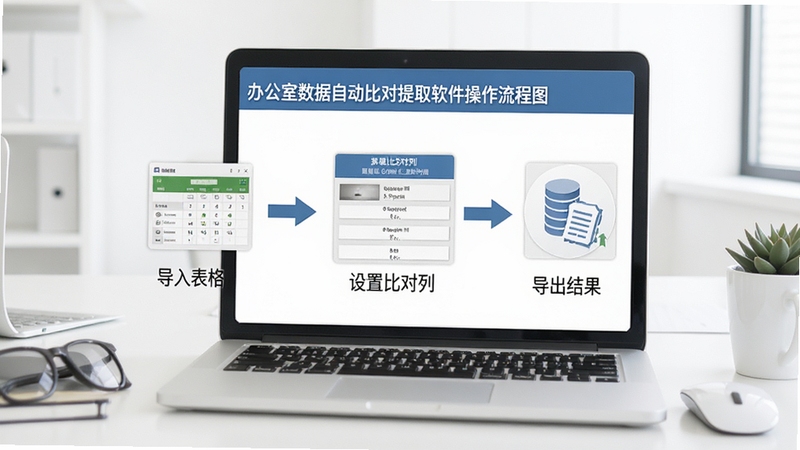 Office数据自动比对提取软件操作流程图,画面展示从导入表格到设置比对列再到导出结果的完整步骤,界面简洁清晰,背景为白色办公桌面,整体风格专业易用