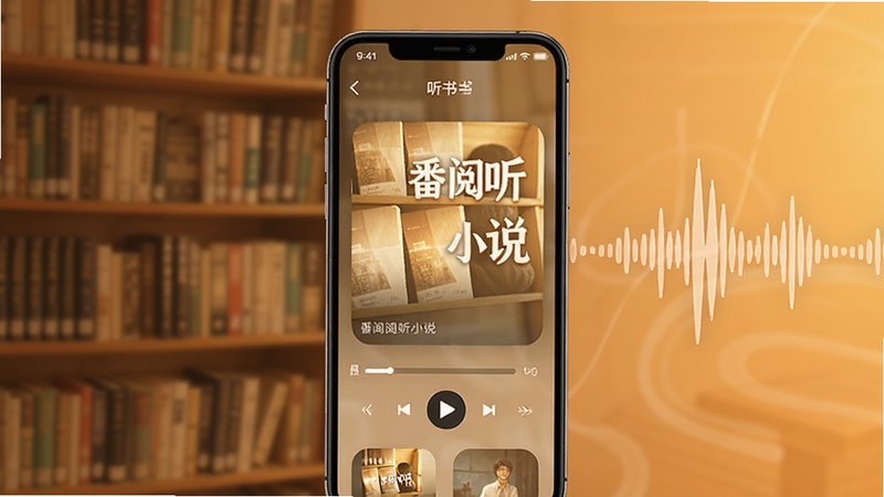 番阅听小说 软件主界面 展示书架与听书播放器 暖色调背景 手机屏幕居中 背景为模糊的书架与声波纹理