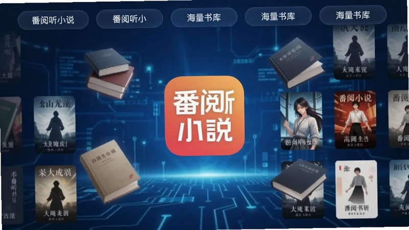 番阅听小说 海量书库界面 展示分类标签与封面墙 蓝色科技感背景 书本悬浮排列 中心为番阅听小说图标