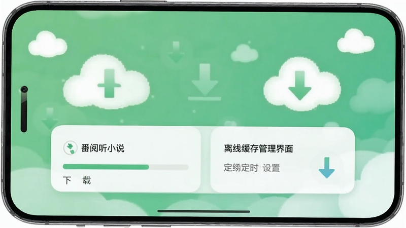 番阅听小说 离线缓存管理界面 展示下载进度与定时设置 绿色清新背景 云朵与下载箭头图标 手机界面居中