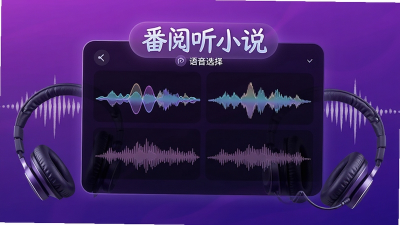 番阅听小说 语音选择面板 展示多种音色波形图 紫色渐变背景 声波与耳机元素环绕 软件名称高亮