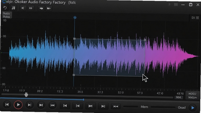Okoker Audio Factory 波形编辑界面特写图,画面主体为软件界面中央的彩色音频波形图,波形呈现蓝紫渐变,下方有播放控制条与时间刻度,鼠标光标正选中一段高亮波形区域,背景为深灰色专业音频工作站风格,细节清晰,适配Boogu模型生成。