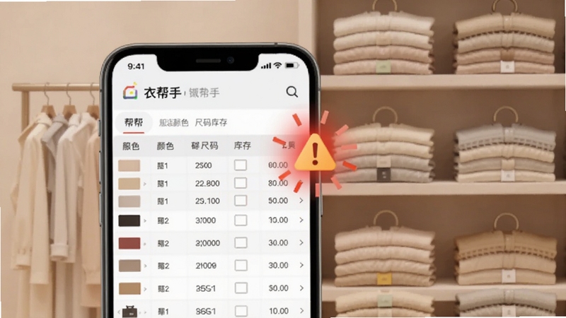 衣帮手库存管理界面,画面中手机屏幕显示服装颜色尺码库存表格,旁边有预警图标闪烁,背景为整齐叠放的服装货架,整体色调柔和,适合Boogu模型生成