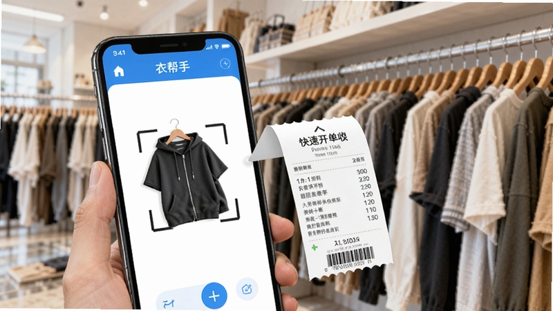 衣帮手快速开单收银功能界面,画面展示手机屏幕上正在扫码录入服装商品,旁边有虚拟小票弹出,背景是服装档口挂满衣服的场景,光线明亮,风格写实