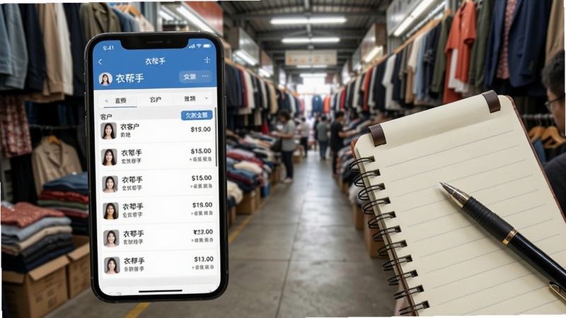 衣帮手客户欠款管理页面,手机屏幕展示客户列表与欠款金额,旁边有记事本和笔,背景为服装批发市场档口环境,风格真实自然