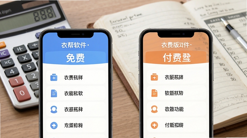 衣帮手软件价格与版本对比示意图,画面展示手机屏幕上免费版与付费版功能列表,背景为计算器和账本,风格清晰直观