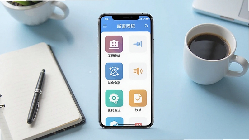 威普网校App主界面展示,画面中央是一部智能手机,屏幕显示威普网校课程列表页面,包含工程建筑、财会金融、医药卫生等分类图标,背景为浅蓝色渐变书桌场景,桌面摆放笔记本和咖啡杯,整体风格清新明亮,适配Boogu模型生成