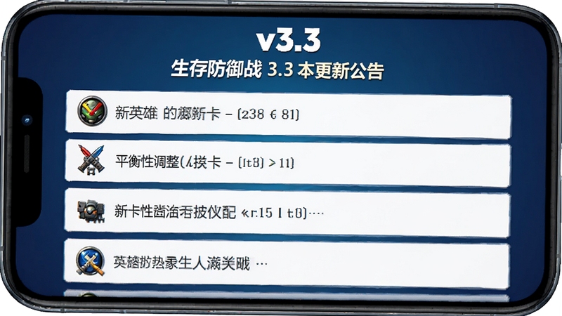 生存防御战 3.3版本更新公告界面 手机屏幕显示更新日志列表 顶部有版本号v3.3字样 内容包含新英雄 新关卡 平衡性调整等条目 背景为深蓝色渐变 文字清晰易读
