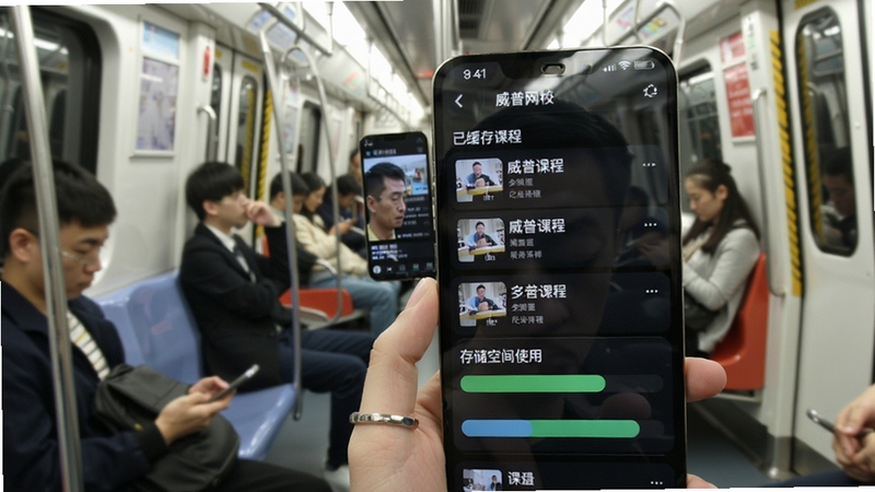 威普网校离线缓存管理界面,手机屏幕显示已缓存课程列表和存储空间使用条,背景为地铁车厢场景,乘客手持手机观看课程,画面明亮清晰