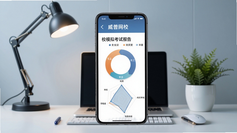 威普网校模拟考试报告页面,手机屏幕展示环形分数图和知识点掌握度雷达图,背景为整洁的办公桌面,有台灯和绿植点缀,整体色调冷静专业