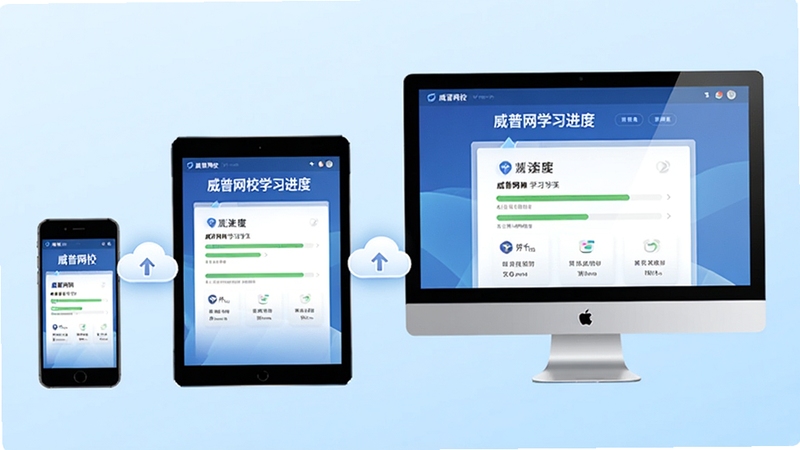 威普网校多设备同步示意图,画面左侧是手机、中间是平板、右侧是电脑,三台设备屏幕均显示威普网校学习进度页面,设备之间有云朵图标连接,背景为浅蓝色渐变