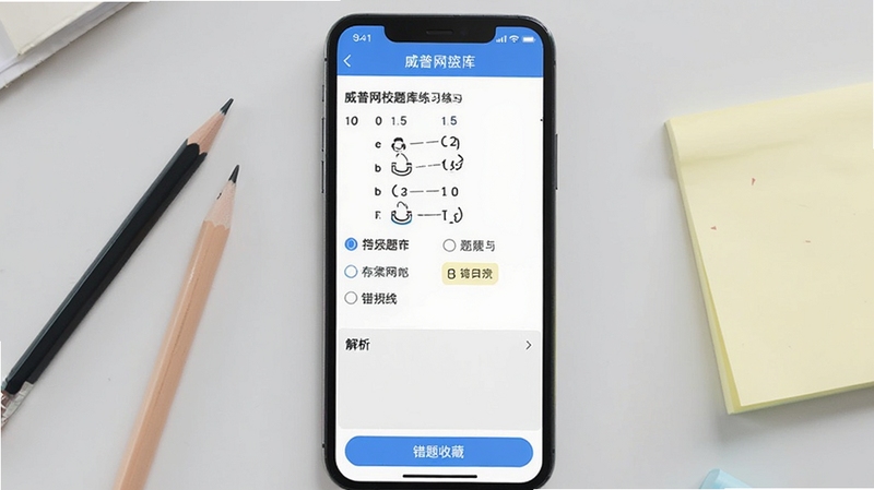 威普网校题库练习界面,手机屏幕显示一道选择题和四个选项,下方有解析区域和错题收藏按钮,背景为浅灰色学习桌面,旁边放着铅笔和便签纸