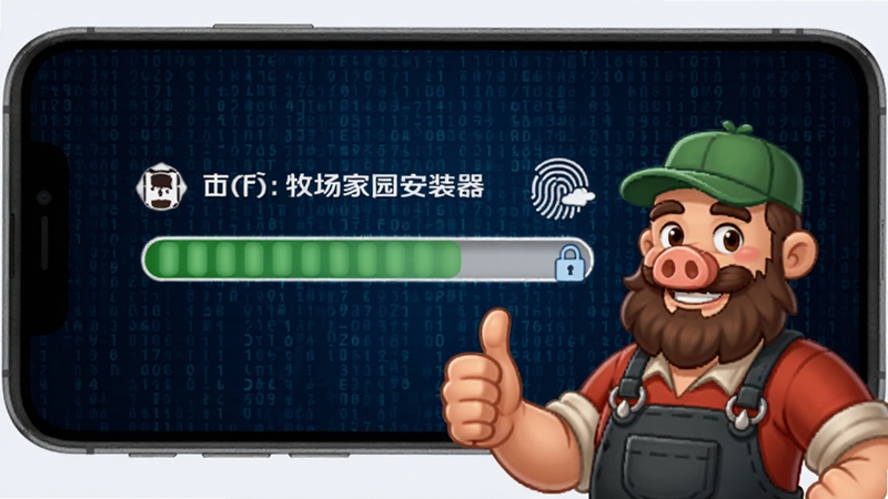 一部手机屏幕显示屠夫:牧场家园安装器的文件校验进度条,进度条旁边有指纹识别图标和加密锁图标,背景是深蓝色数字矩阵,前景有卡通屠夫角色竖起大拇指,整体传递安全可靠的视觉感受
