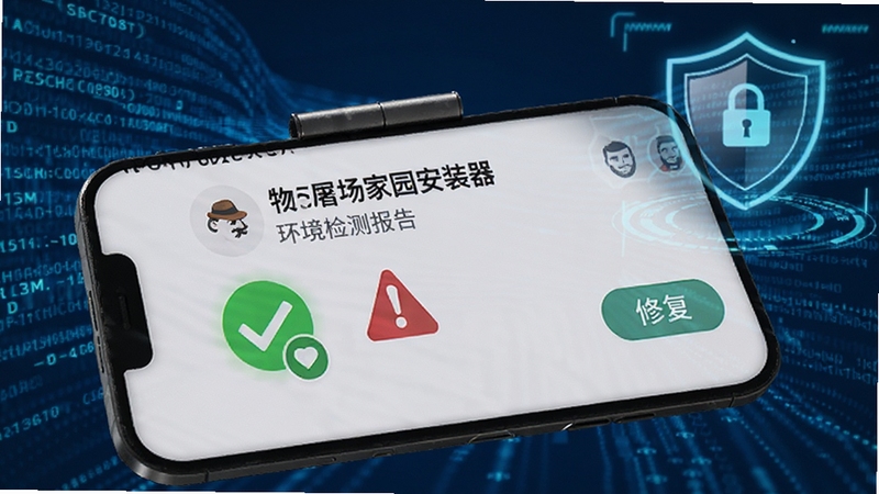 手机屏幕特写显示屠夫:牧场家园安装器的环境检测报告页面,页面中有绿色合格标识和红色警告标识,旁边有修复按钮,背景是科技感十足的蓝色数据流与盾牌图标,象征安全与稳定