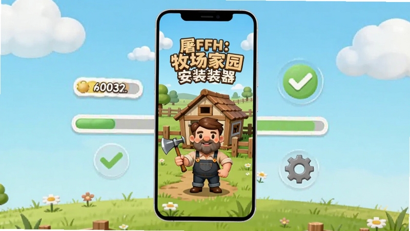 画面中央是一台竖屏安卓手机,屏幕上显示屠夫:牧场家园安装器的启动界面,界面以绿色牧场和木质栅栏为背景,前景有卡通风格的屠夫角色手持工具站在牧场小屋前,手机周围环绕着安装进度条、对勾图标和齿轮元素,背景区域为柔和的蓝天白云与青草地,整体风格清新明快,适配Boogu模型生成