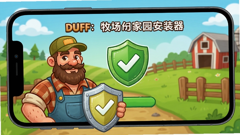 手机屏幕显示屠夫:牧场家园安装器的安全校验通过界面,界面中有绿色盾牌和勾选标记,背景是卡通风格的牧场与围栏,前景有屠夫角色手持安全盾牌,整体传递安全下载的理念