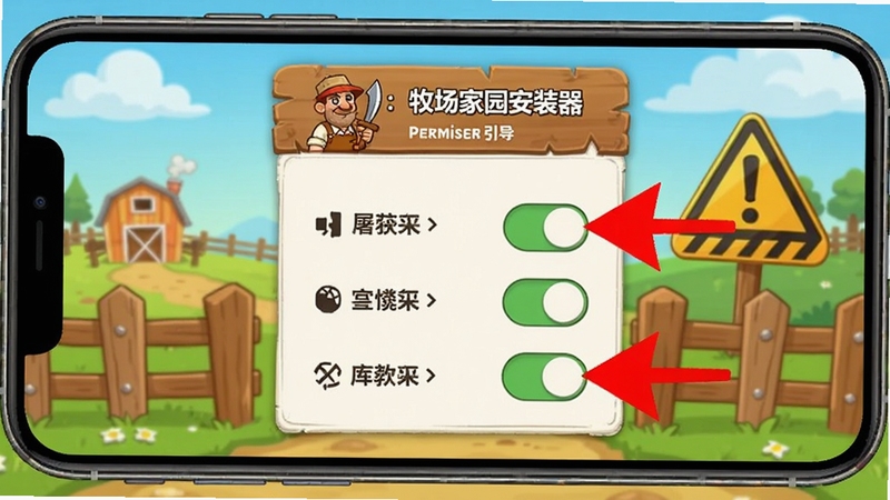 手机屏幕显示屠夫:牧场家园安装器的权限引导页面,页面中有多个权限开关和红色箭头指示,背景是卡通风格的牧场围栏与警示牌,整体色调明亮,突出操作指引