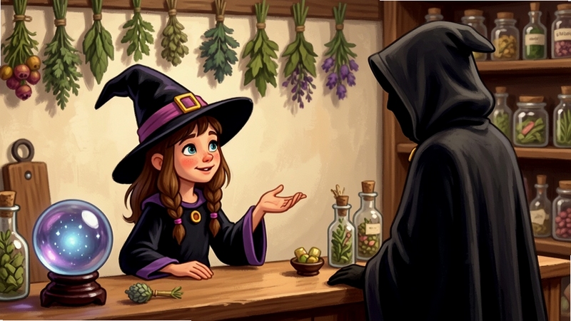小女巫的魔法商店角色互动场景,小女巫正在和一位顾客交谈,顾客是穿着斗篷的神秘人,柜台上放着魔法水晶球,背景是挂满药草的墙壁
