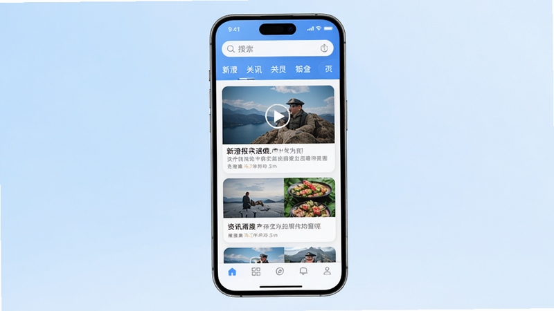 新澄报应用主界面全貌,手机屏幕居中显示,背景为柔和的浅蓝色渐变,界面设计简洁现代,顶部有搜索栏和分类标签,中部为图文并茂的资讯卡片列表,底部为导航菜单,整体画面明亮清晰,突出资讯阅读的便捷性。