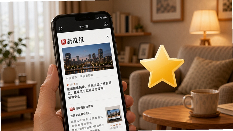 新澄报离线阅读与收藏功能示意图,画面展示一部手机处于飞行模式,但屏幕上依然流畅显示着已缓存的新闻文章,旁边有一个醒目的收藏星标图标,背景是温馨的居家环境,强调随时随地阅读的便利性。