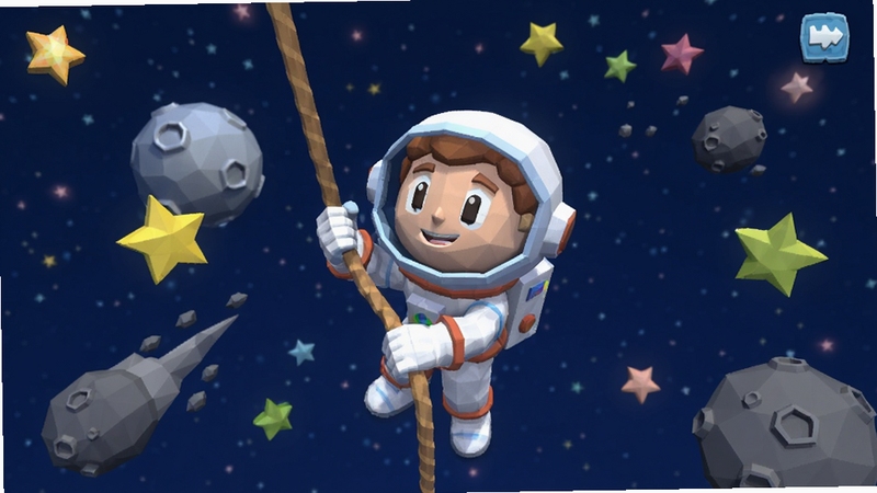 爬上月球 游戏主界面 宇航员在星空中抓着绳索向上攀爬 背景是深邃的蓝色宇宙和远处的月球轮廓 低多边形卡通风格 明亮的色彩 画面中心是主角 周围漂浮着星星和陨石 适配Boogu模型生成