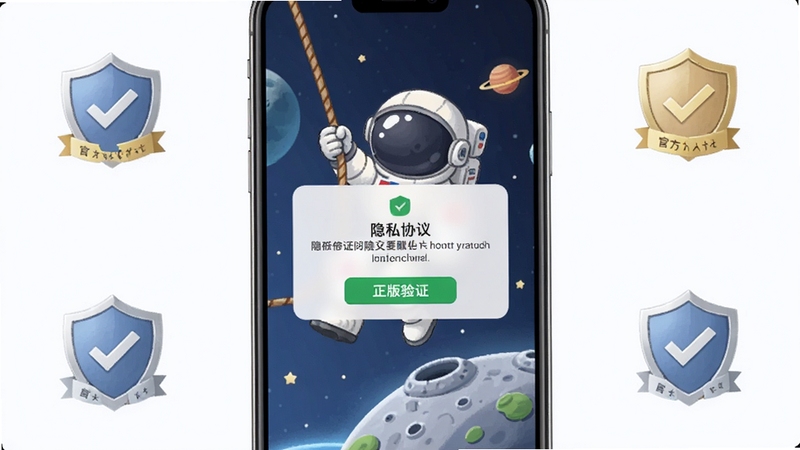 爬上月球 正版验证界面 手机屏幕上显示清晰的隐私协议弹窗 背景是宇航员抓着绳索的卡通图案 周围有官方认证的盾牌图标 画面明亮整洁 细节清晰