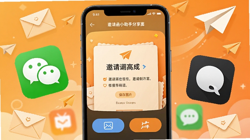 邀请函小助手分享界面,画面中心为手机屏幕显示邀请函制作完成后的预览图,下方有保存图片与分享按钮,屏幕外延伸出微信、QQ等社交图标,背景为暖橙色渐变,点缀信封与纸飞机元素,体现一键分享的便捷感,适配Boogu模型生成