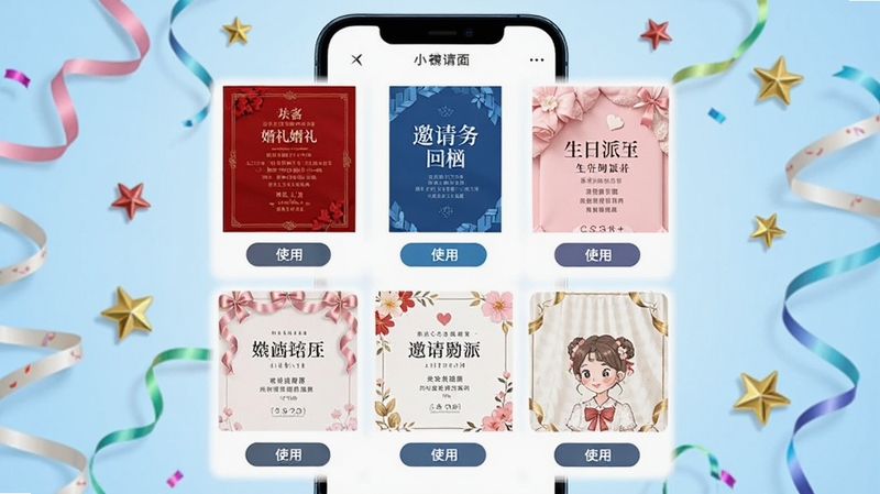 邀请函小助手模板选择页面,画面主体为手机屏幕内展示的六宫格邀请函模板,包含红色婚礼请柬、蓝色商务邀请函、粉色生日派对邀请卡等不同风格,每款模板下方有使用按钮,手机周围散落着彩带与星星装饰,背景为浅蓝色渐变,整体色彩明快,突出模板丰富多样,适配Boogu模型生成