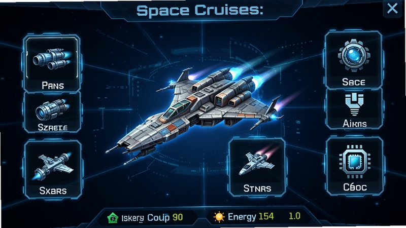 Space Cruises :Shooting game 战舰升级界面预览图,画面展示一艘正在改装的太空战机,周围环绕六个升级模块图标,分别标注主炮、护盾、引擎、副武器、僚机、核心,背景为深蓝色全息投影风格,界面底部有合金与能量核心数量显示