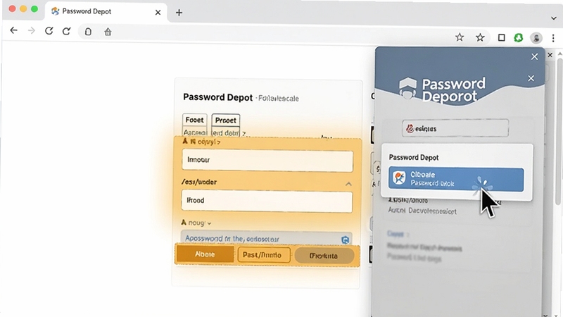 Password Depot �Զ���书����ʾͼ������չʾһ���������¼ҳ�棬�������򱻸�����ʾ��Password Depot �ĸ������ڴ�ҳ���Ҳ໬��������������һ���˺���Ŀ������Ϊ���İ�ɫ��ҳ��ͻ���Զ����ı���ԣ�����Password Depot��ʶ