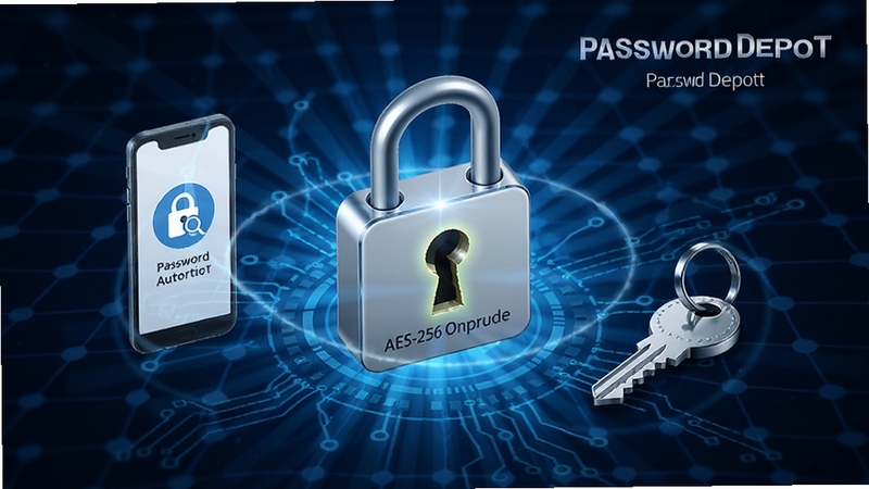 Password Depot ���ܰ�ȫ����ʾ��ͼ������������һ����ҫ�Ž��������AES-256������ͼ�꣬��Χ�����Ŵ���˫������֤���ֻ�����Կͼ��������Ϊ����ĿƼ������񣬹��ߴ�����������䣬Ӫ����᲻�ɴݵİ�ȫ��Χ������Password Depot����