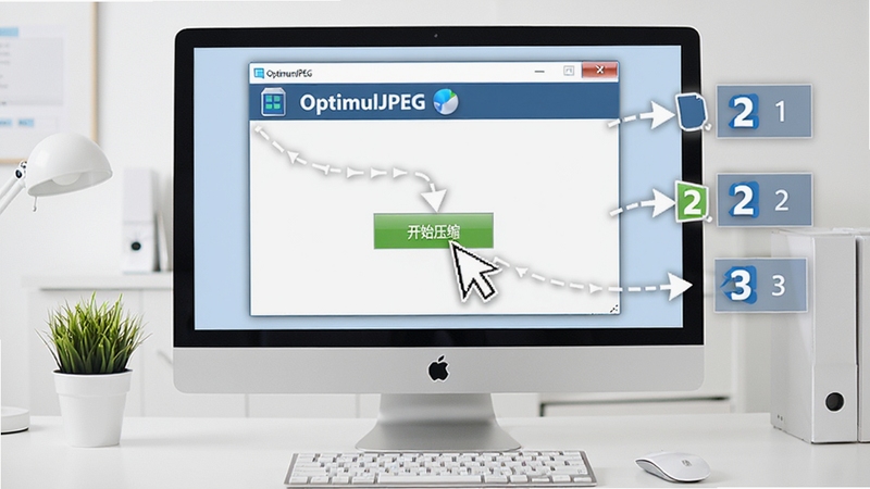 OptimumJPEG �����̳�ʾ��ͼ������չʾ������Ļ���������棬���ָ��ָ�򡰿�ʼѹ������ť���Ա��в����ע 1��2��3������Ϊ����İ칫���棬�������� OptimumJPEG �����ɼ�